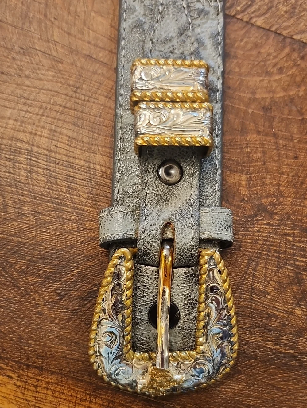 Tony Lama Men's Gray Elephant Leather Belt Crumrine Ornate Silver/ Gold Buckle